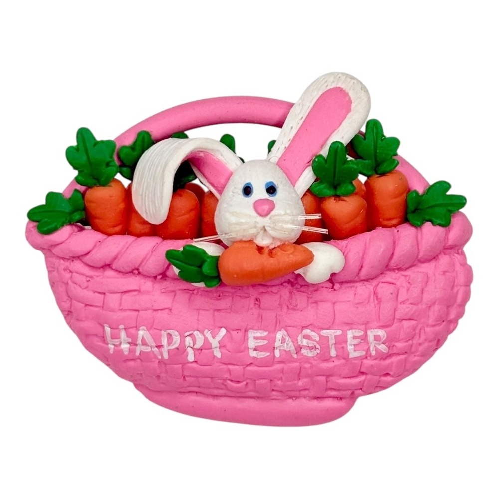 Handmade Easter Bunny Pink Basket Brooch Pin 1993 Signed Clay Pink‎ White Orange
